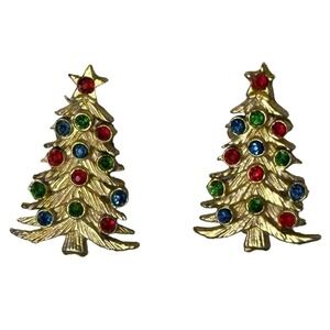 Vtg Christmas Tree Earrings Clip On Color Rhinestones Gold Tone